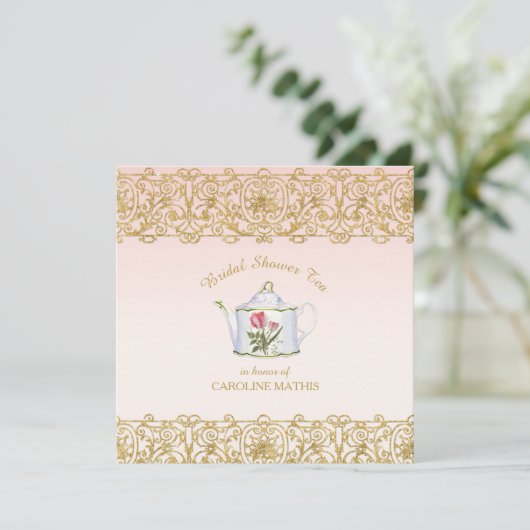 Vrijgezellenfeest Tea Party Luncheon Roze Gouden G Kaart (Staand voorkant)