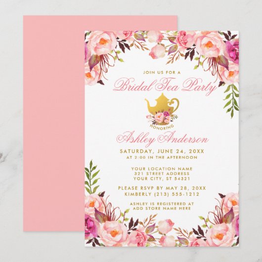 Vrijgezellenfeest Tea Party Pink Floral Gold Kaart (Voorkant / Achterkant)