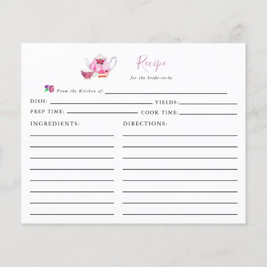 Vrijgezellenfeest Tea Party Recipe Card Pink Scrip (Voorkant)