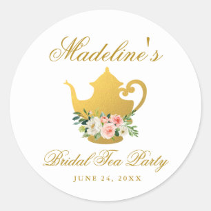 Vrijgezellenfeest Tea Party Roze Bloemen Goud Klei Ronde Sticker