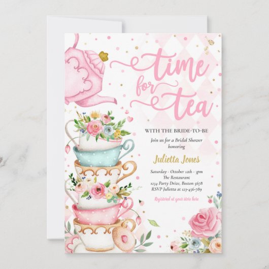 Vrijgezellenfeest Tea Party Roze en Gouden Bloemen Kaart (Voorkant)