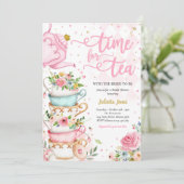 Vrijgezellenfeest Tea Party Roze en Gouden Bloemen Kaart (Staand voorkant)