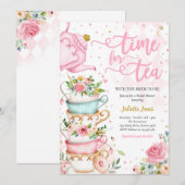 Vrijgezellenfeest Tea Party Roze en Gouden Bloemen Kaart (Voorkant / Achterkant)