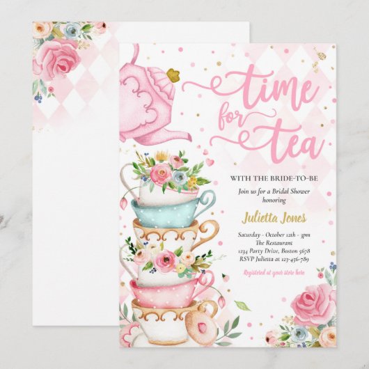 Vrijgezellenfeest Tea Party Roze en Gouden Bloemen Kaart (Voorkant / Achterkant)