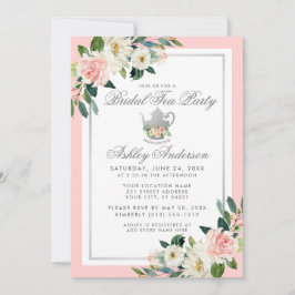 Vrijgezellenfeest Tea Party roze Floral Silver Inv Kaart