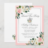 Vrijgezellenfeest Tea Party roze Floral Silver Inv Kaart (Voorkant / Achterkant)