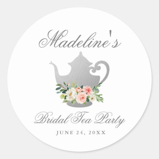 Vrijgezellenfeest Tea Party roze Floral Silver Ronde Sticker (Voorkant)