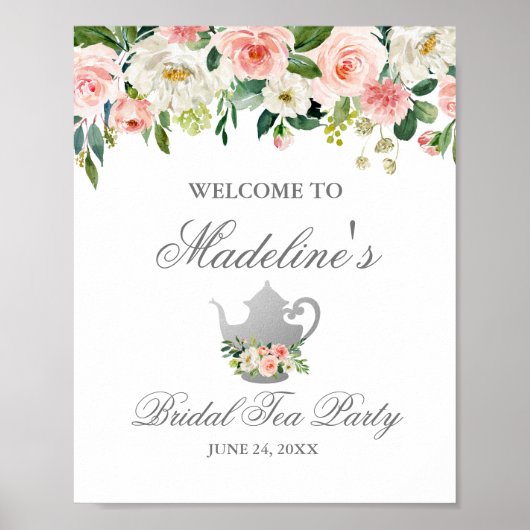 Vrijgezellenfeest Tea Party roze Floral Silver Wel Poster (Voorkant)