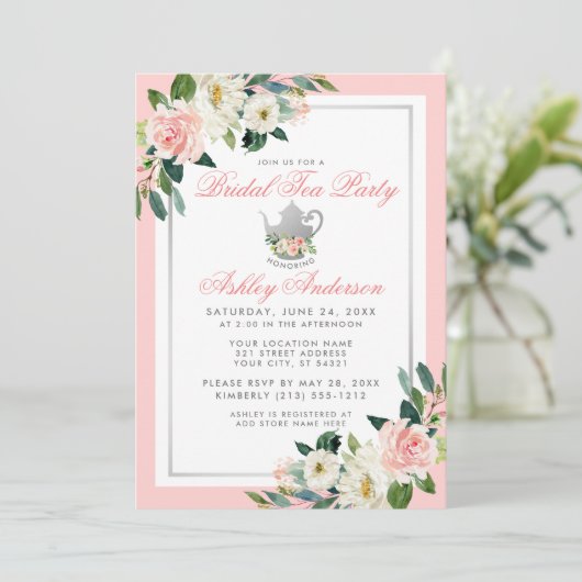 Vrijgezellenfeest Tea Party roze Silver Floral Inv Kaart (Staand voorkant)