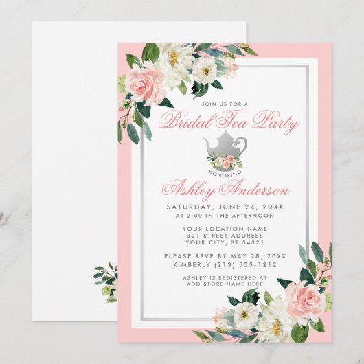 Vrijgezellenfeest Tea Party roze Silver Floral Inv Kaart (Voorkant / Achterkant)