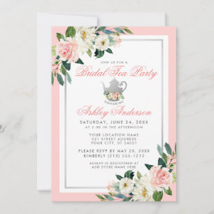Vrijgezellenfeest Tea Party roze Silver Floral Inv Kaart