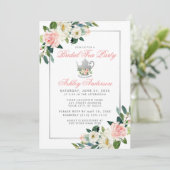 Vrijgezellenfeest Tea Party Silver Floral Pink Inv Kaart (Staand voorkant)