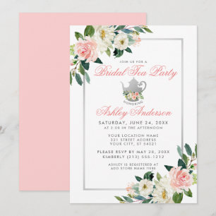 Vrijgezellenfeest Tea Party Silver Floral Pink Inv Kaart