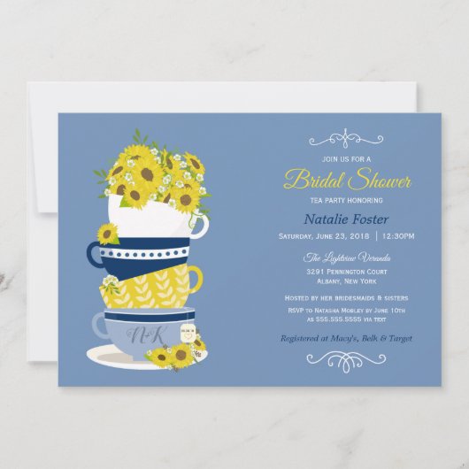 Vrijgezellenfeest Tea Party Sunflower | Blauw en g Kaart (Voorkant)