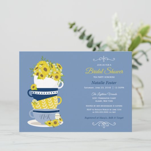 Vrijgezellenfeest Tea Party Sunflower | Blauw en g Kaart (Staand voorkant)