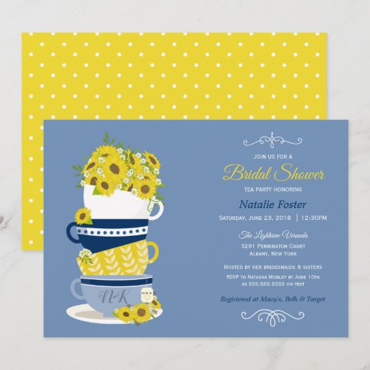 Vrijgezellenfeest Tea Party Sunflower | Blauw en g Kaart (Voorkant / Achterkant)