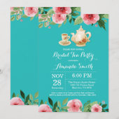 Vrijgezellenfeest Tea Party Uitnodiging Blauwgroen (Voorkant / Achterkant)