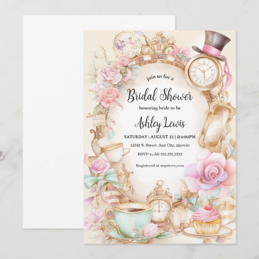 Vrijgezellenfeest thee uitnodiging, Alice theefees Kaart (Voorkant / Achterkant)