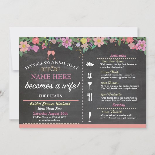 vrijgezellenfeest Toast Floral Pink Chalk Invite Kaart (Voorkant)