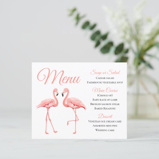 Vrijgezellenfeest Tropisch roze menu Flamingo Wedd (Staand voorkant)
