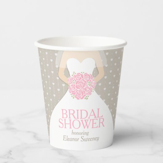 Vrijgezellenfeest trouwjurk roze douche papieren bekers (Voorkant)
