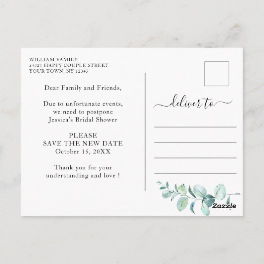 Vrijgezellenfeest uitgesteld Verander de datum Euc Briefkaart (Achterkant)