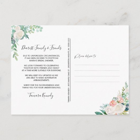 Vrijgezellenfeest uitgesteld Waterverf bloemengroe Aankondigingskaart (Achterkant)