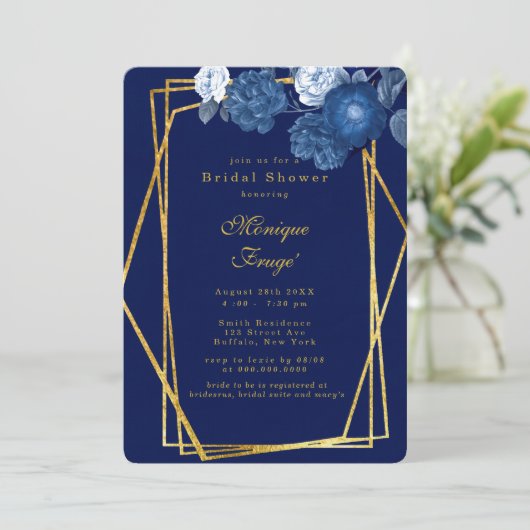 Vrijgezellenfeest van blauwe en goudmetrische plat kaart (Staand voorkant)