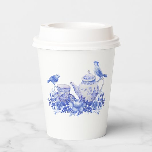 Vrijgezellenfeest van blauwe en witte Floral | Tea Papieren Bekers (Achterkant)