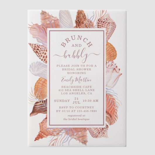 Vrijgezellenfeest van Brunch en Bubble Beach Seash Vellum Uitnodigingen (Voorkant)