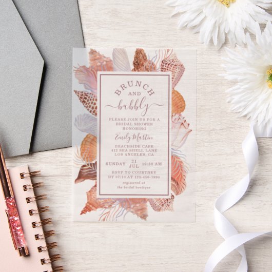 Vrijgezellenfeest van Brunch en Bubble Beach Seash Vellum Uitnodigingen (Huwelijk)