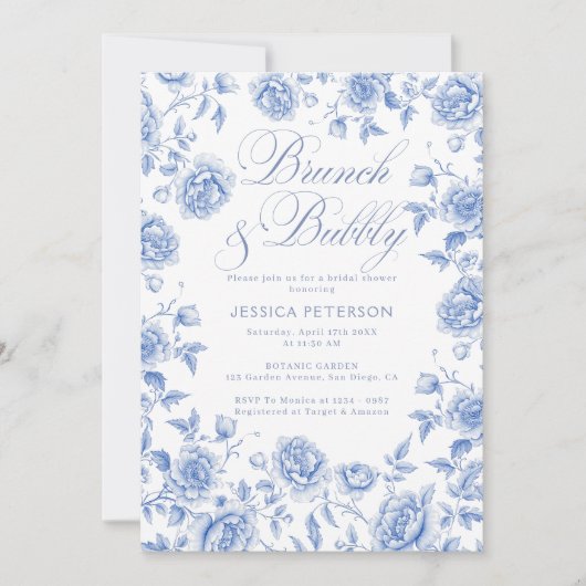 Vrijgezellenfeest van Brunch en Bubble Blue Floral Kaart (Voorkant)