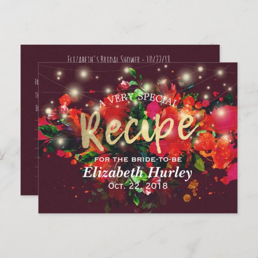 Vrijgezellenfeest van Burgundy Floral String Light Uitnodiging Briefkaart (Voorkant / Achterkant)