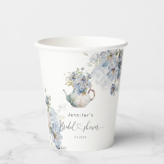 Vrijgezellenfeest van de Blauwe Hydrangeas-theepar Papieren Bekers (Voorkant)