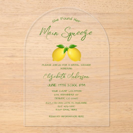 Vrijgezellenfeest van de Lemon Main Squeeze Acryl Uitnodigingen (Voorkant)