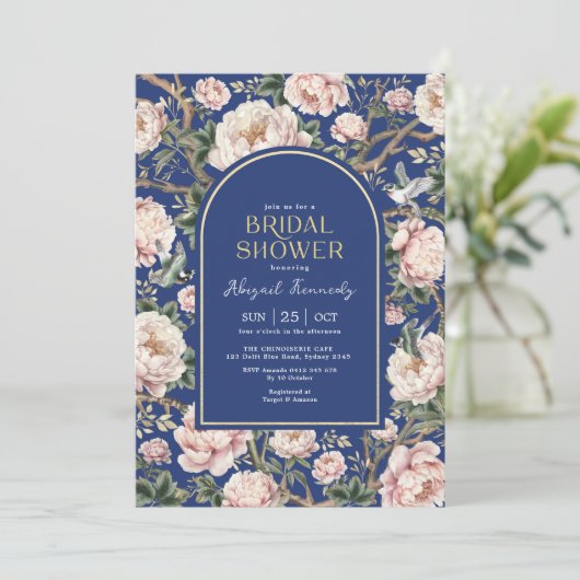 Vrijgezellenfeest van de Navy Blush Chinoiserie P Kaart (Staand voorkant)