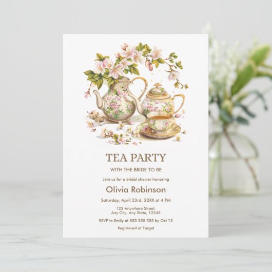 Vrijgezellenfeest van Floral Teapot Tea Party Kaart (Staand voorkant)