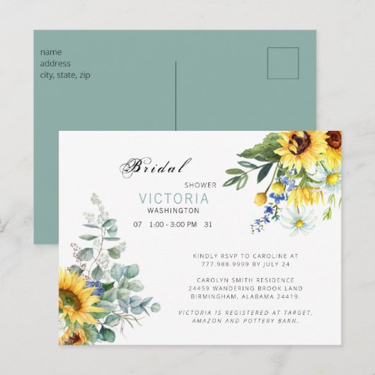 Vrijgezellenfeest van kleurrijke zonnebloemen aankondigingskaart (Voorkant / Achterkant)