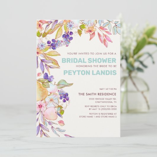 Vrijgezellenfeest van mosterdblauw roze vruchten kaart (Staand voorkant)