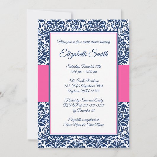 Vrijgezellenfeest van Navy Blue en Pink Damask Kaart (Voorkant)