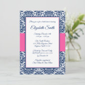 Vrijgezellenfeest van Navy Blue en Pink Damask Kaart (Staand voorkant)