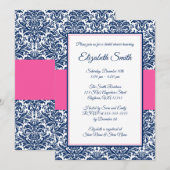 Vrijgezellenfeest van Navy Blue en Pink Damask Kaart (Voorkant / Achterkant)