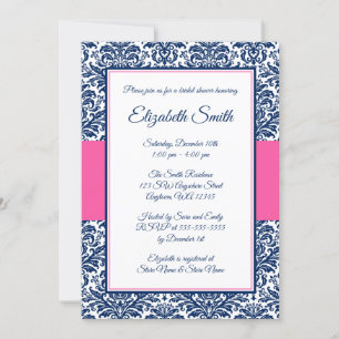 Vrijgezellenfeest van Navy Blue en Pink Damask Kaart