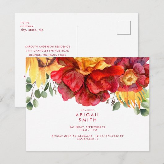 Vrijgezellenfeest van Tuscan Sunflower en Red Peon Uitnodiging Briefkaart (Voorkant / Achterkant)