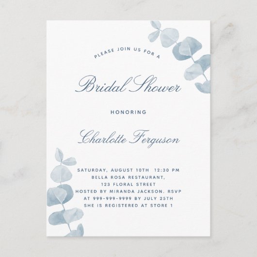 Vrijgezellenfeest van witte stoffige blauwe eucaly uitnodiging briefkaart (Voorkant)