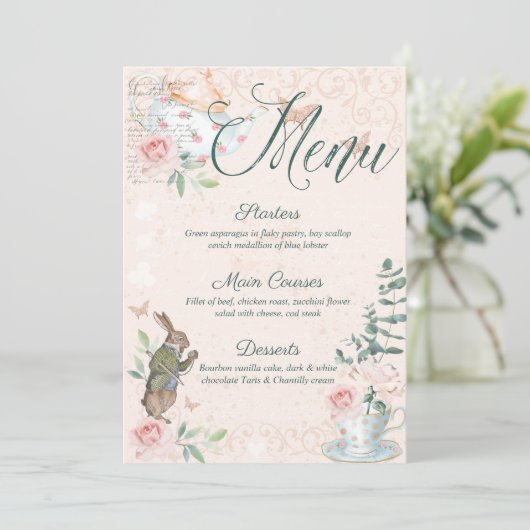 Vrijgezellenfeest Vintage Alice in Wonderland Menu (Staand voorkant)