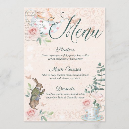 Vrijgezellenfeest Vintage Alice in Wonderland Menu (Voorkant)