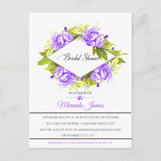 Vrijgezellenfeest voor Paarse Waterverf Rozen Uitnodiging Briefkaart (Voorkant)