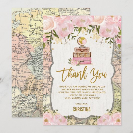 Vrijgezellenfeest voor roze goudplatenreiskaart bedankkaart (Voorkant / Achterkant)