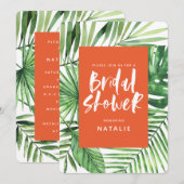 Vrijgezellenfeest voor tropisch palmblad en script save the date (Voorkant / Achterkant)